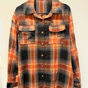 Plaid Button Down Shirt - Orange and Black